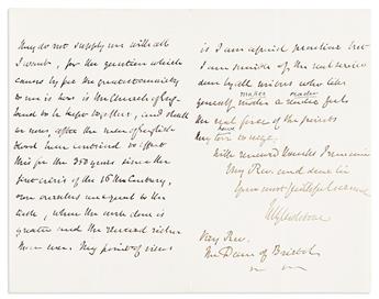 (PRIME MINISTERS--UK.) GLADSTONE, WILLIAM EWART. Three Autograph Letters Signed, "WGladstone," to the Dean of Bristol Gilbert Elliot,